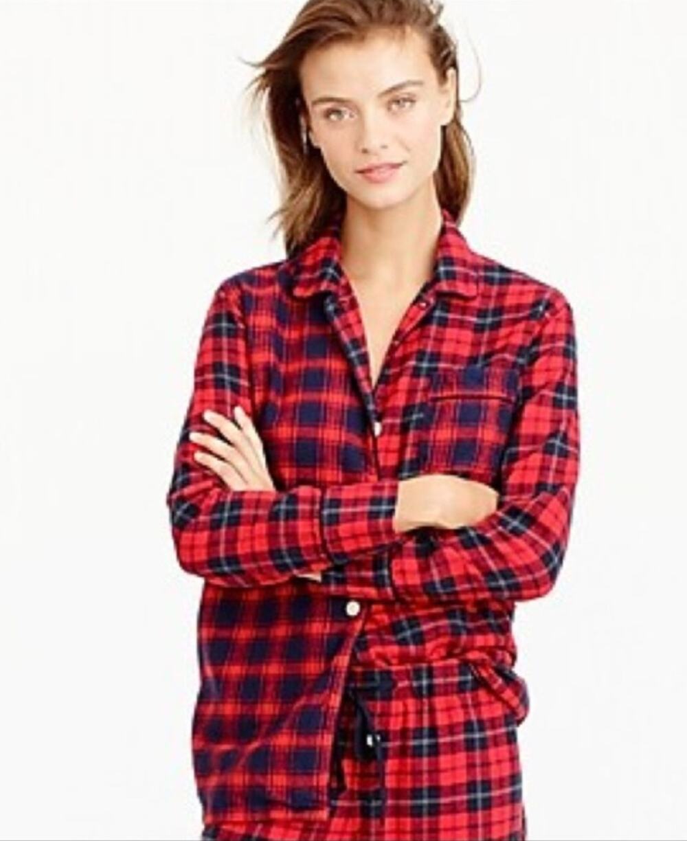 J. Crew Flannel Pajama Top Red Mixed Plaid F8383 Size XS